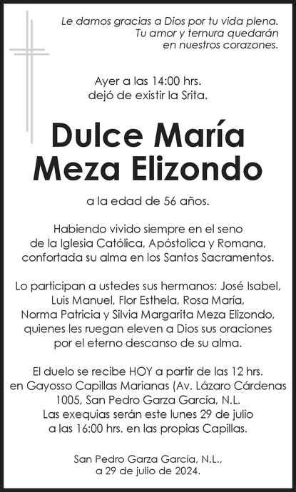 Srita Dulce María Meza Elizondo Obituario Esquela