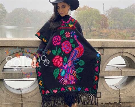 Hand Embroidered Full Body Mexican Poncho Peacock Embroidered Mexican