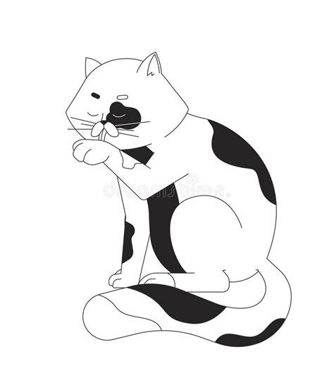 Spotted Cat Licking Itself Black And White 2d Line Cartoon Character Stock Vector Illustration