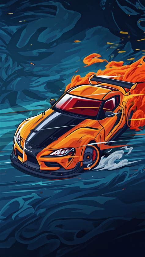 An Orange Sports Car With Flames Coming Out Of It S Hood In The Water