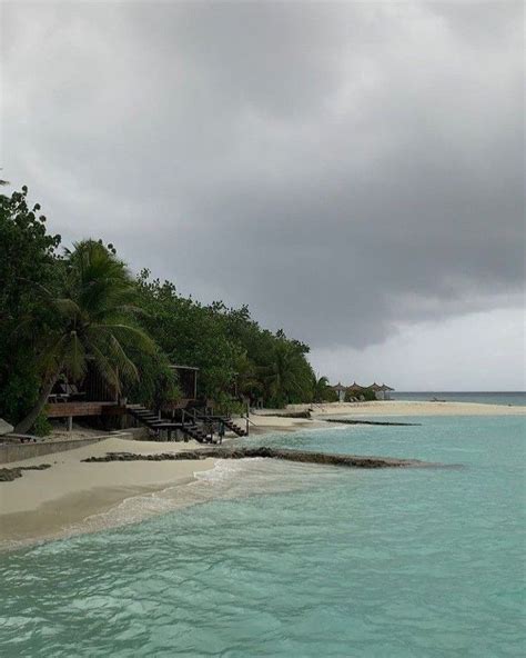 The Water Is Very Blue And Green In This Beach Scene With Palm Trees