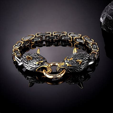 Norse Vikings Wolf Head Bracelet Gold Steel Cm Bracelets