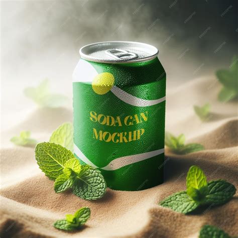 Premium Psd Mockup Of A Soda Can Laying Down On A Pile Of Sand With Some Mint Leaves Laying Around