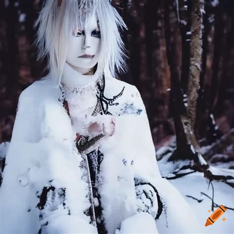 Visual Kei Artist Sitting In Snowy Forest With Frozen Rose On Craiyon