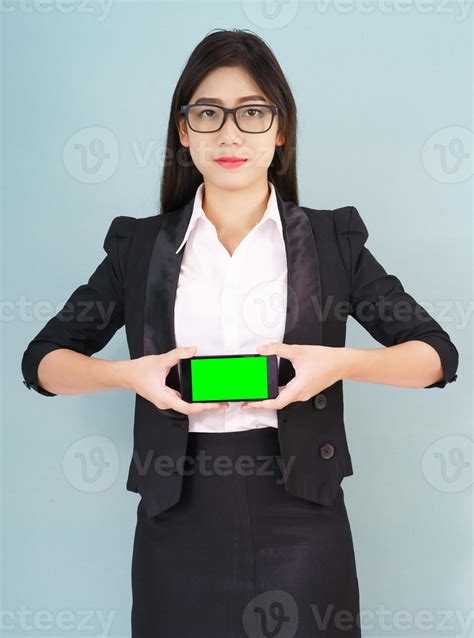 Women Holding Smartphone Mock Up Green Screen Stock Photo At