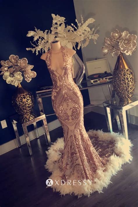 Gold Sequin Mermaid Feather Long Train Prom Dress Xdressy