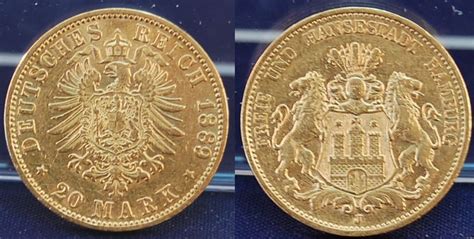 20 Mark Gold 1889 J Hamburg 20 Mark 1889 Ss Ss Vz Seltenes Jahr