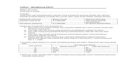 Latihan Menghitung DALYs 1 Gunakan Tabel Berikut Ini Untuk