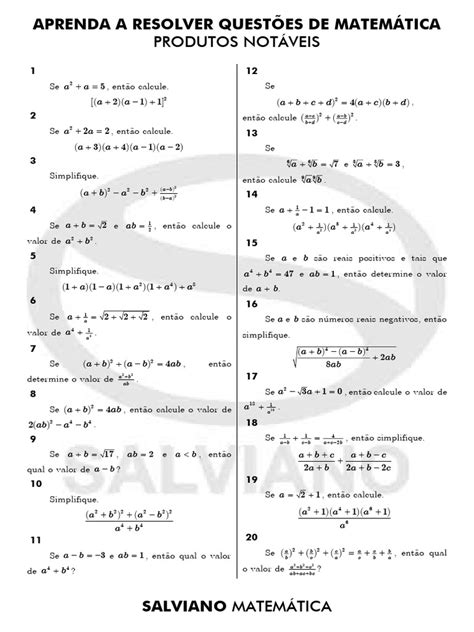 Lista De Exercícios De Produtos Notáveis Com Gabarito - Questões de Matemática: Produtos Notáveis | PDF | Matemática