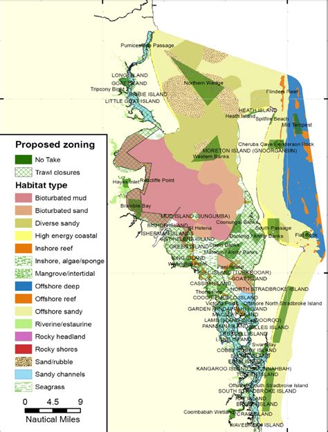 Map of Moreton Bay Marine Park showing habitat types and proposed ...