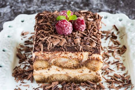 Tiramisu Cake With Grated Chocolate Raspberry And Mint Perfect