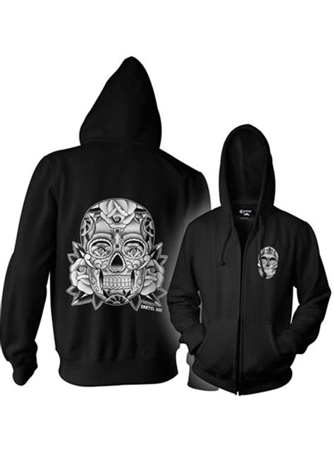 Womens Sugar Skull Zip Up Hoodie By Cartel Ink Black Outerwear