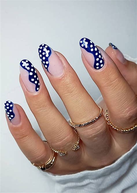 30 Coolest Summer Nails 2021 Navy Blue Polka Dot Nails