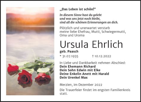 Traueranzeigen Von Ursula Ehrlich Abschied Nehmen De