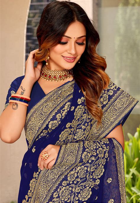 Buy Embroidered Georgette Saree In Navy Blue Online Scba4775 Utsav Fashion