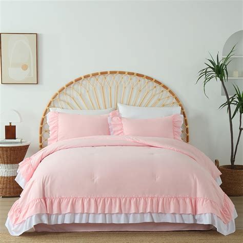 Holawakaka Pink Ruffle Comforter Set Queen Lightweight Farmhouse Ruffled Bedding