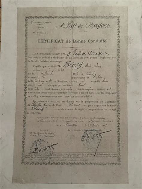 CERTIFICAT DE BONNE conduite du 4ème Dragons Chambéry 1914 18 EUR 10