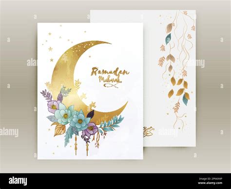 Ramadan Mubarak Greeting Card With Golden Crescent Moon Decorated By