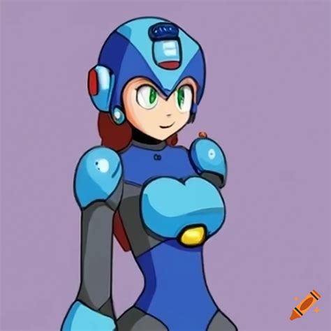 Portrait Of Feminine Megaman In Tight Fitting Blue Armor Winking And