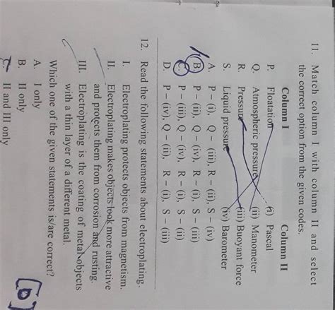 Match Column I With Column Ii And Select The Correct Option From The