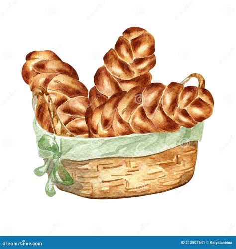 Challah Bread in a Straw Basket Watercolor Illustration Isolated on White Background.Tradition ...