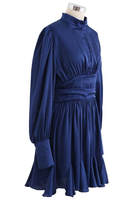 High Neck Puff Sleeves Satin Ruffle Dress In Navy Retro Indie And