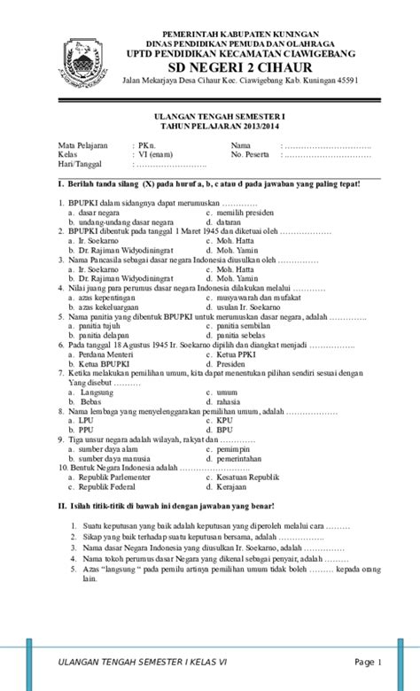 Soal Pkn Bab 1 Kls 6 Materi Soal