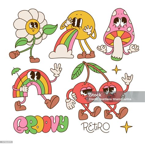 Fun Groovy Retro Clipart Characters Set 70s 80s 90s Vintage Cartoon