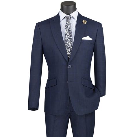 Vinci Men S Navy Blue Glen Plaid 2 Button Stretch Slim Fit Suit New Fh Menswear