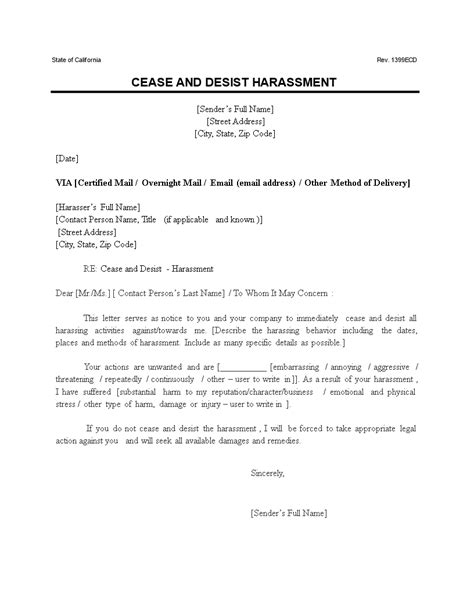 Harassment Cease And Desist Letter Template