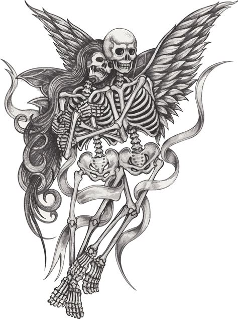 Fantasy Couple In Love Angel Skulls Hand Drawing And Make Graphic