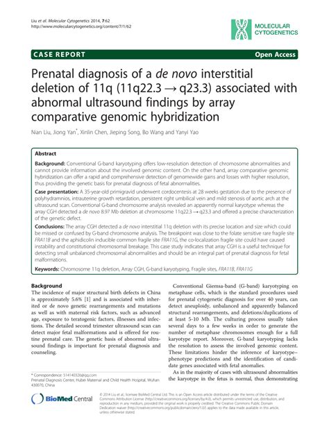 Pdf Prenatal Diagnosis Of A De Novo Interstitial Deletion Of 11q 11q223 → Q233 Associated