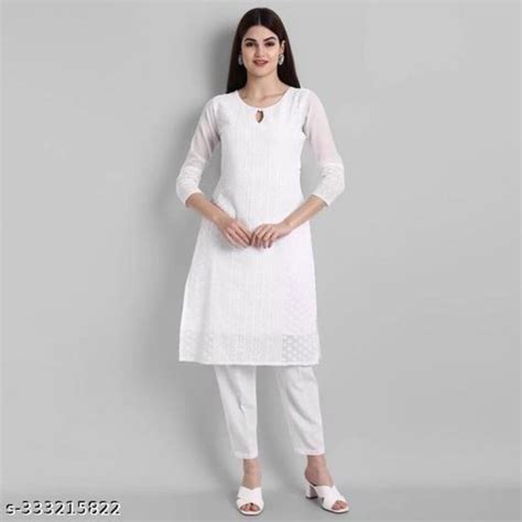 Beautiful White Georgette Chicken Kari Embroidered Kurta And Etsy