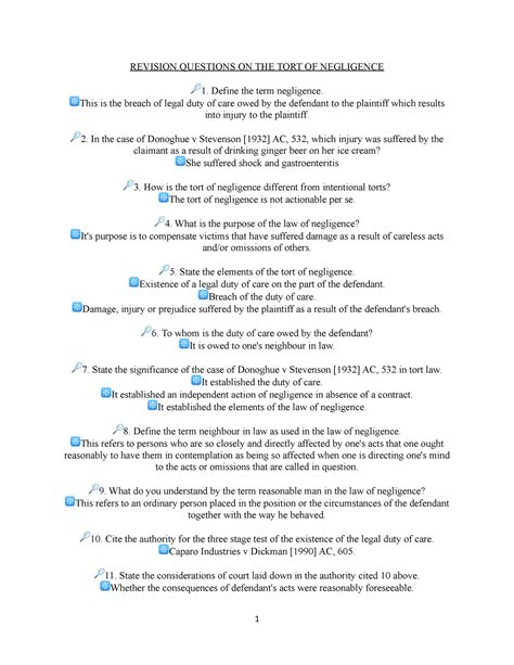 Additional Notes On Tort Of Negligence Revision Questions On The Tort