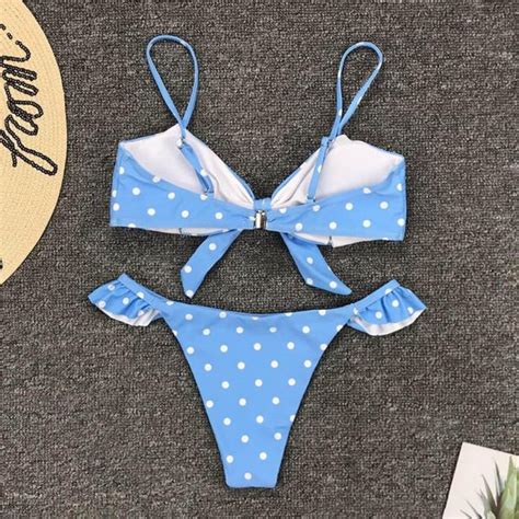 Blue Polka Dot Knot Bikini Set Free Shipping Sunwise Swimwear