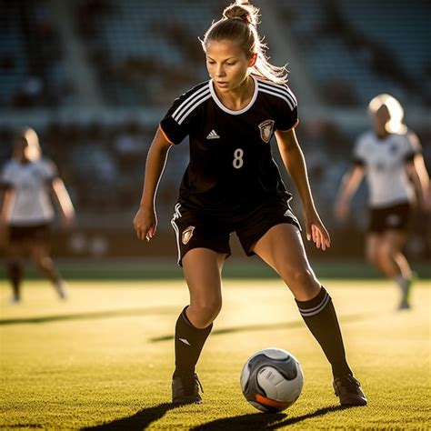 Premium Photo | Photo female soccer football player kicking ball ...