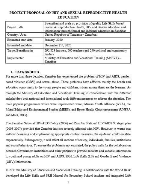 Concept Note Project Proposal On Hiv And Sexual Reproductive Health Education