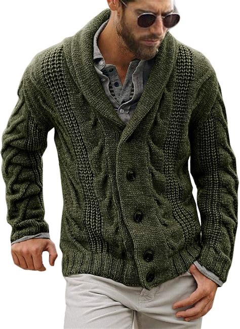 Karlywindow Mens Cable Knit Cardigan Sweater Shawl Collar Loose Fit Long Sleeve Casual Cardigans