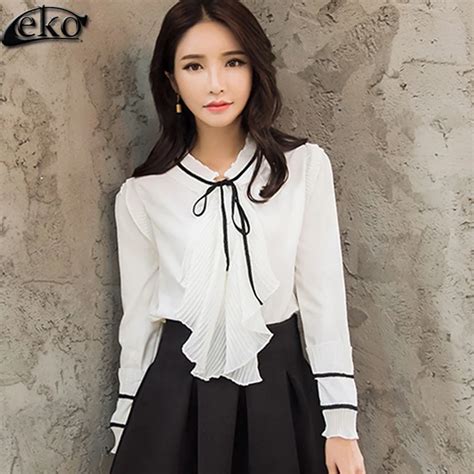 Buy Elegant Ruffles Pleated White Women Blouses Ladies