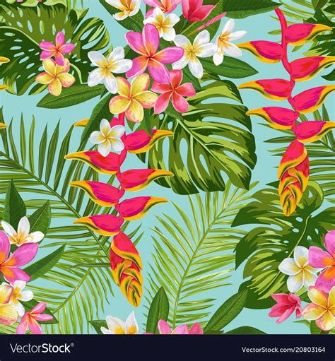 Tropical Flowers And Palm Leaves Seamless Pattern Vector Image