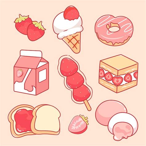 Premium Vector Cute Strawberry Dessert Kawaii Food Pink Elements Ice