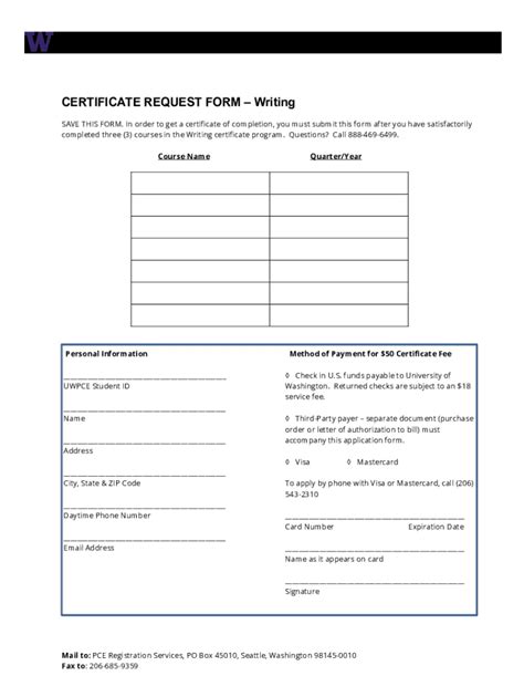 Fillable Online Certificate Request Form Writing Fax Email Print