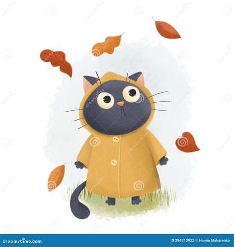 Cute Cat Looking at the Fall of Leaves. Autumn Cozy Illustration Stock ...