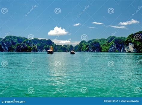 Beautiful Sea Gulf Ha Long Bay Surrounded High Mountains Stock Image