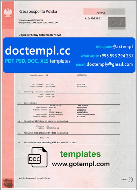 Poland Marriage Certificate Template In Word And Pdf Format