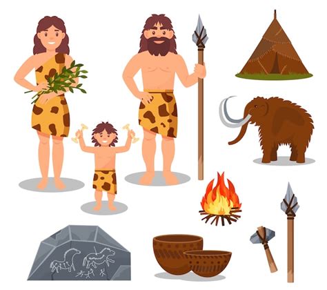 Premium Vector Stone Age Symbols Set Primitive People Mammoth