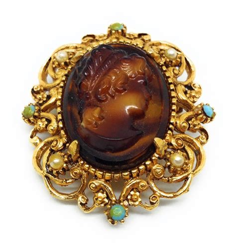 Signed Florenza Vintage Tortoise Shell Glass Cameo Brooch Pin Faux