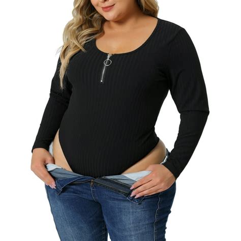 Unique Bargains Womens Plus Size Deep V Neck Zip Up Long Sleeve Tops