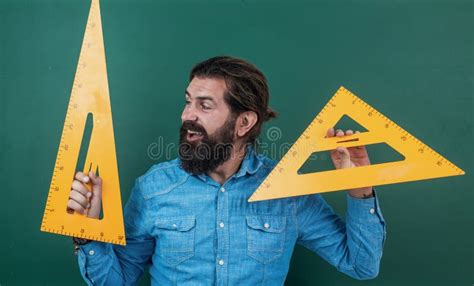 Mature Bearded Man Teacher In School Classroom With Blackboard Geometry Stock Image Image Of