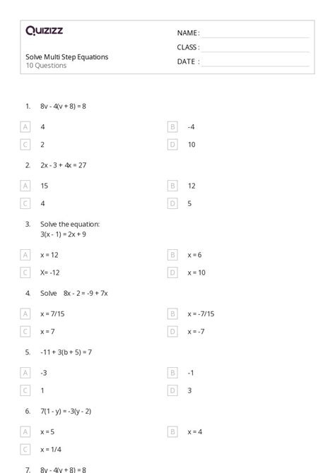 Multi Step Equations Worksheets For Th Grade On Quizizz Free